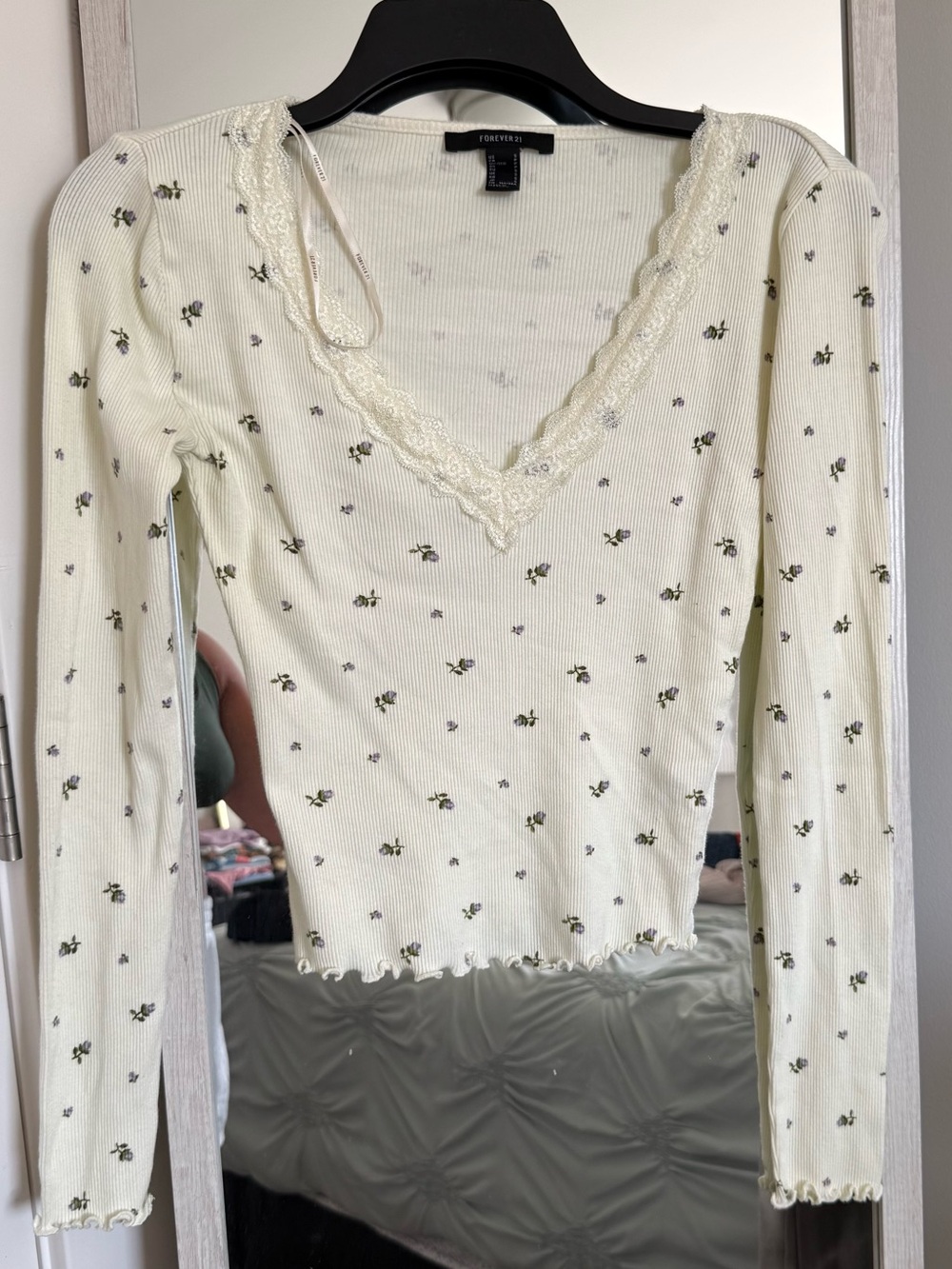 Cream Ribbed Long Sleeve with Lace V-Neck
